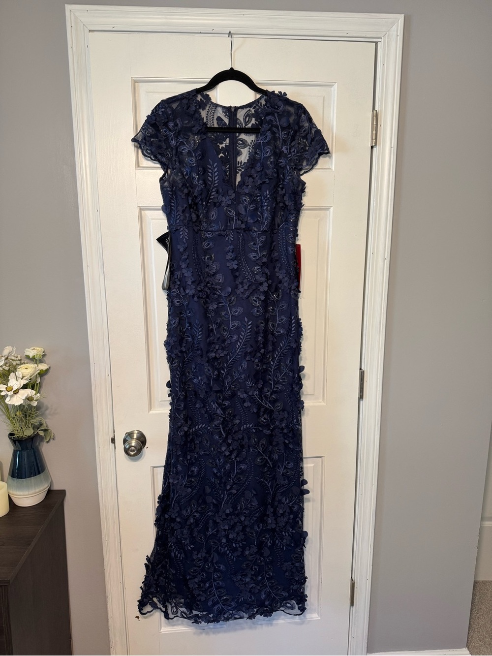 Carmen Marc Valvo Navy Floral Appliqué Maxi Dress